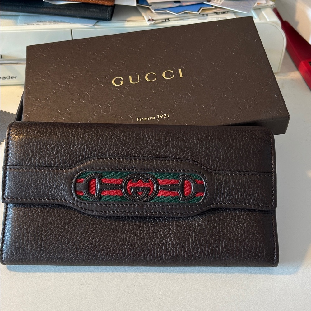 Gucci Dark Brown Leather Wallet with Red and Green Stripe